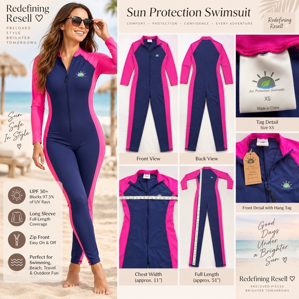 Sun Protection Swimsuits Women XS Navy Pink Full Body Rash Guard Zip Unitard NEW